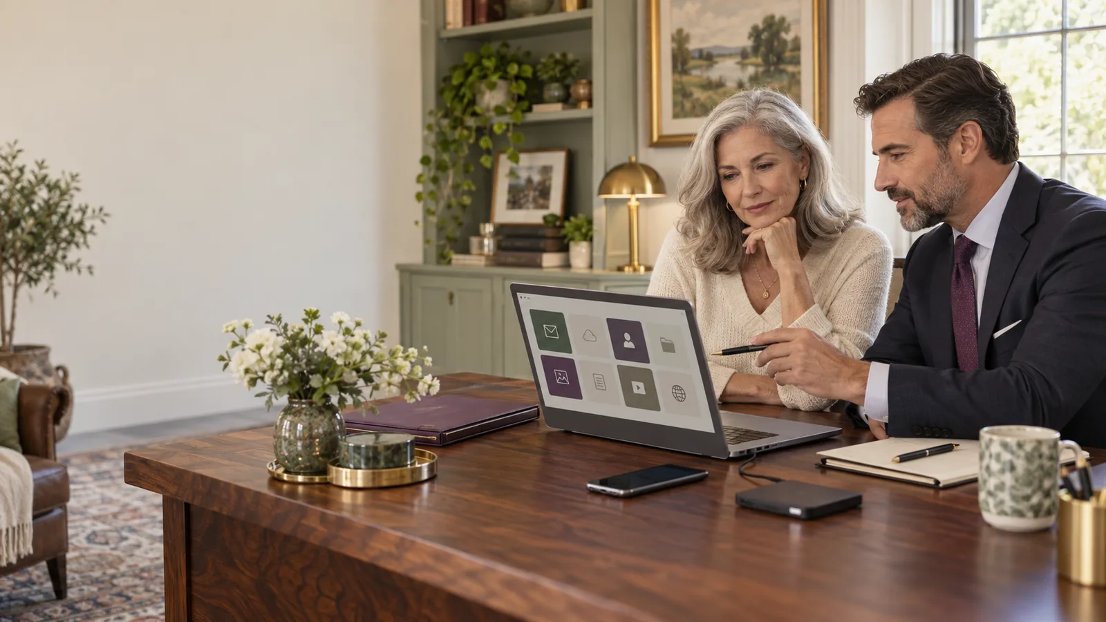 A woman in later life and an estate attorney review a digital-asset inventory on a laptop in a home office.