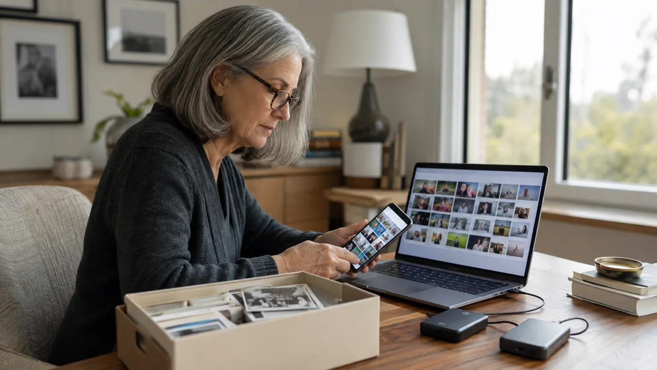 A woman exporting family photographs from her phone to a laptop and two external backup drives