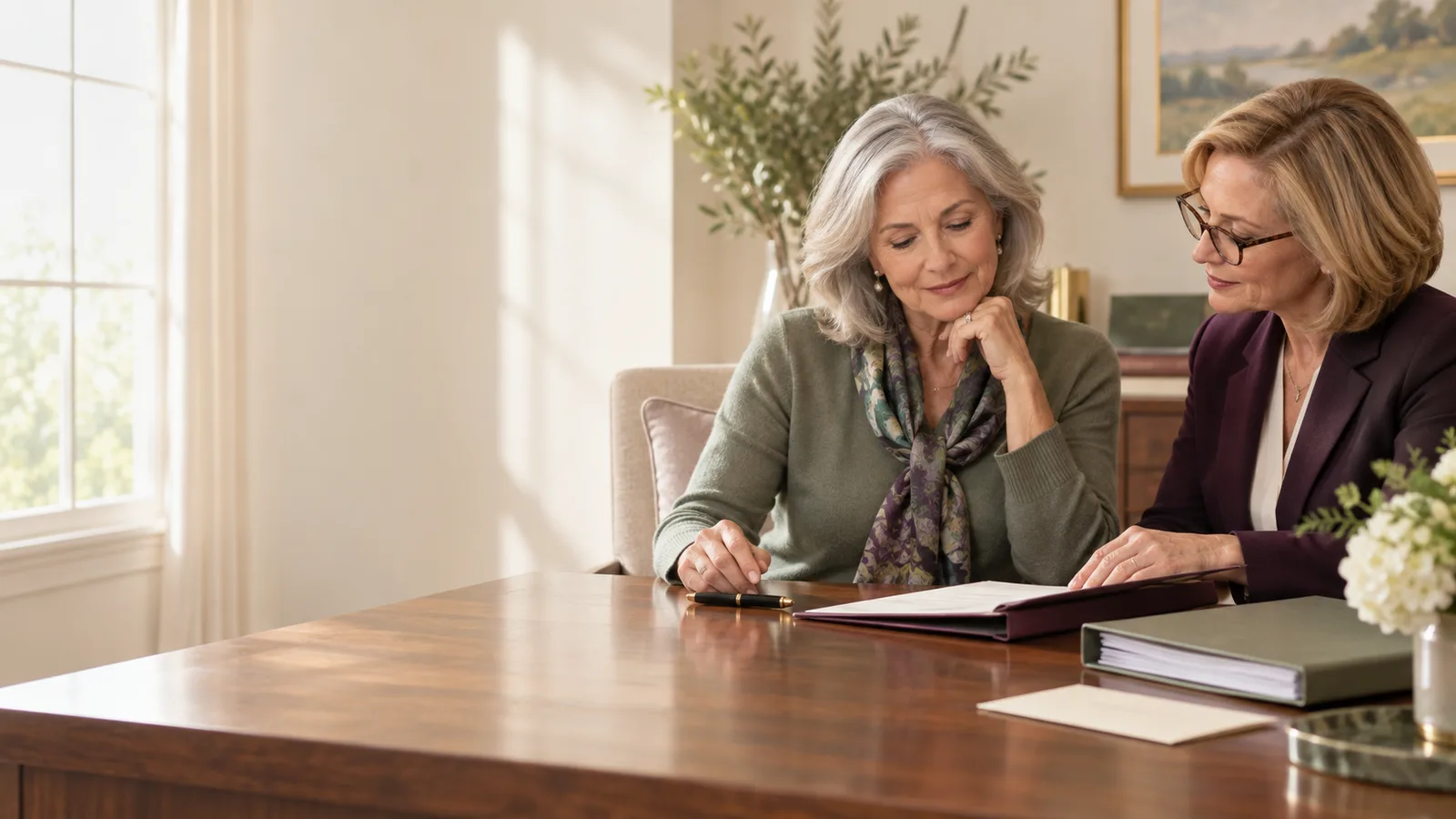 A widow reviews an inheritance decision file with an estate attorney before signing.