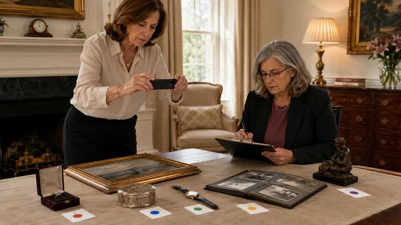 A widow and estate appraiser photograph and inventory jewelry, artwork, a watch, silver, and family albums before distribution