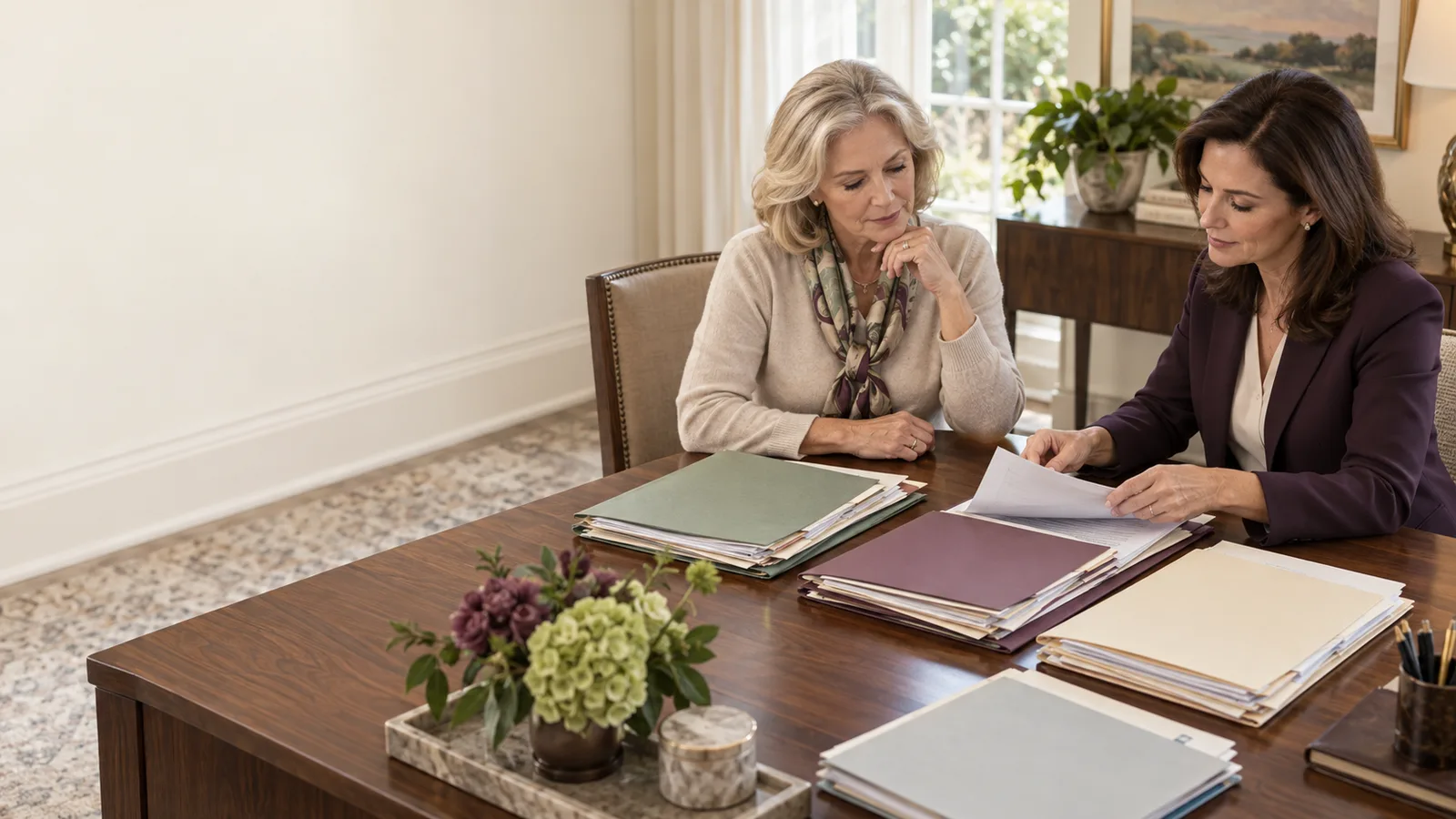 A widow and tax professional organizing separate personal, estate, investment, and medical record files