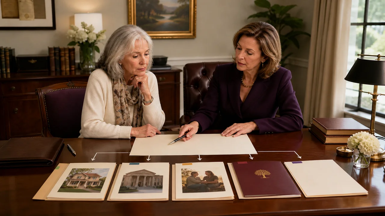 A widow and estate attorney map several property, account, beneficiary, trust, and court transfer paths across a desk