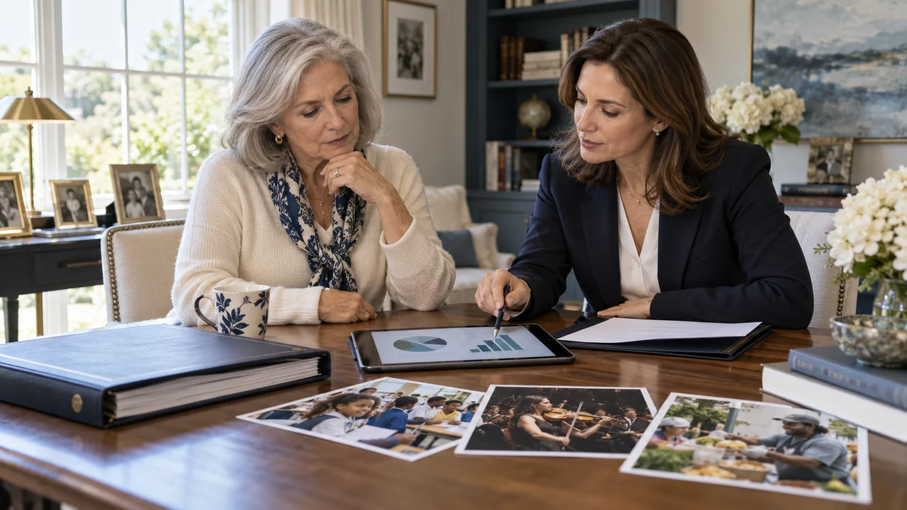 A widow and philanthropic adviser compare grant portfolios, governance documents, and charitable allocation charts at a home-office table.