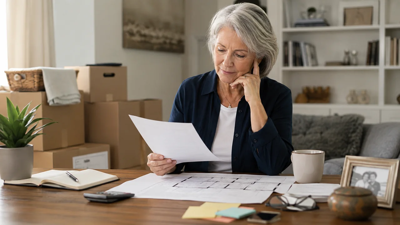 A woman comparing a smaller-home floor plan and costs before packing for a move