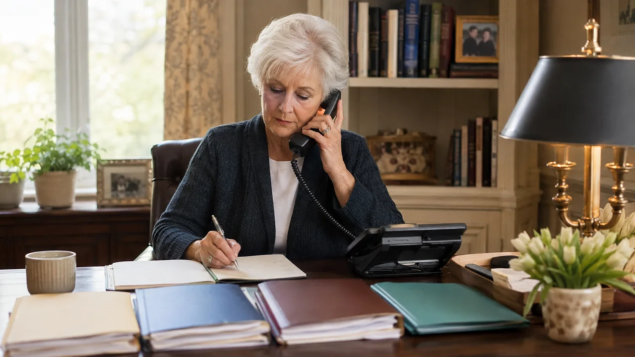 A mature widow records answers during an employer-benefits call beside organized health, retirement, and insurance folders.