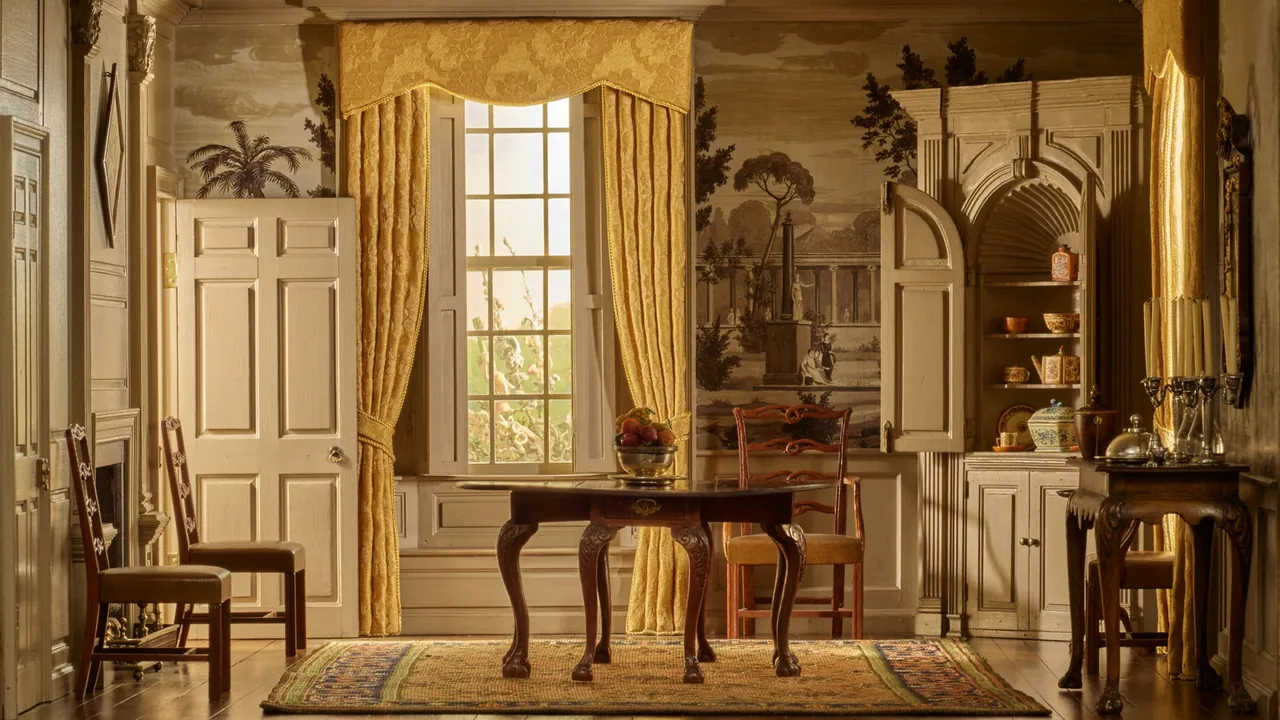 Miniature period dining room with gold damask curtains, scenic wallpaper, a mahogany table and chairs, and a corner cupboard of china