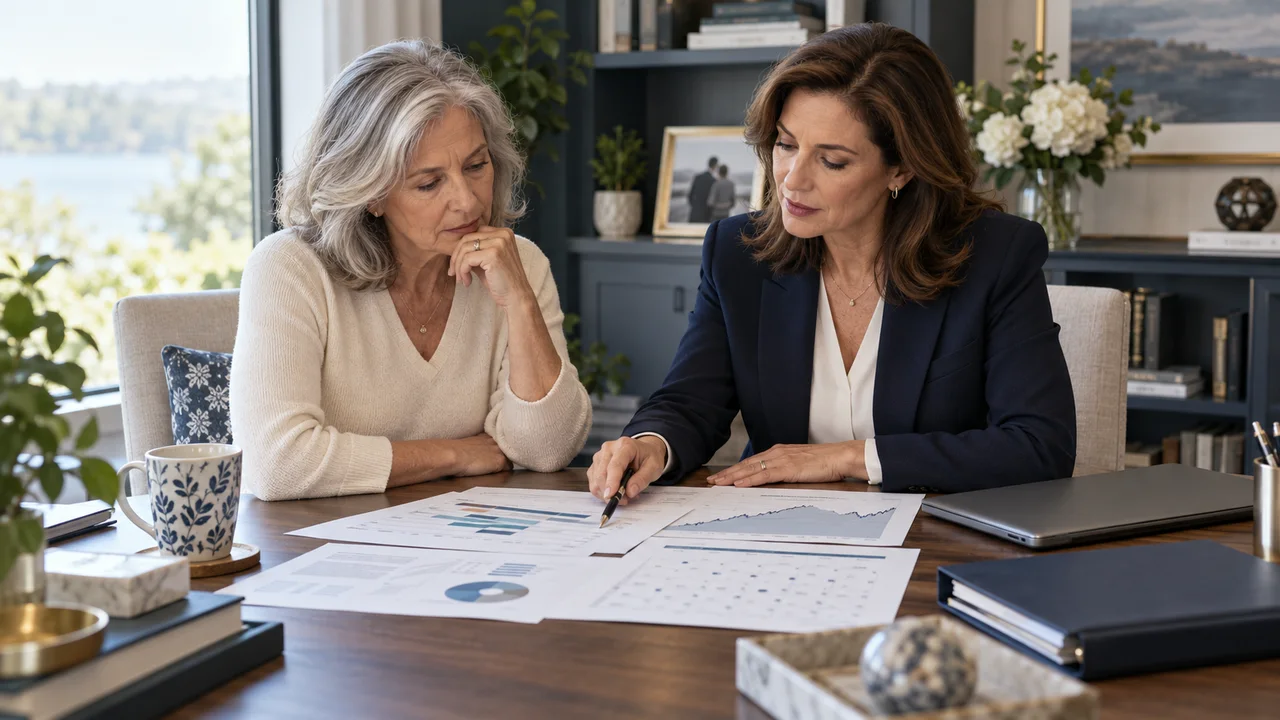A widowed woman and a tax adviser review equity-award timelines, a company-stock chart and an exercise calendar.