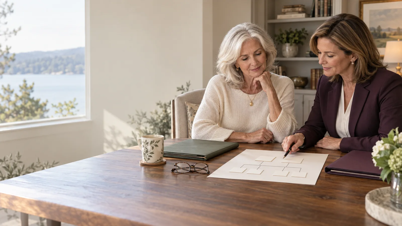 A woman in later life reviews a family map and estate-planning folders with an attorney at her dining table.