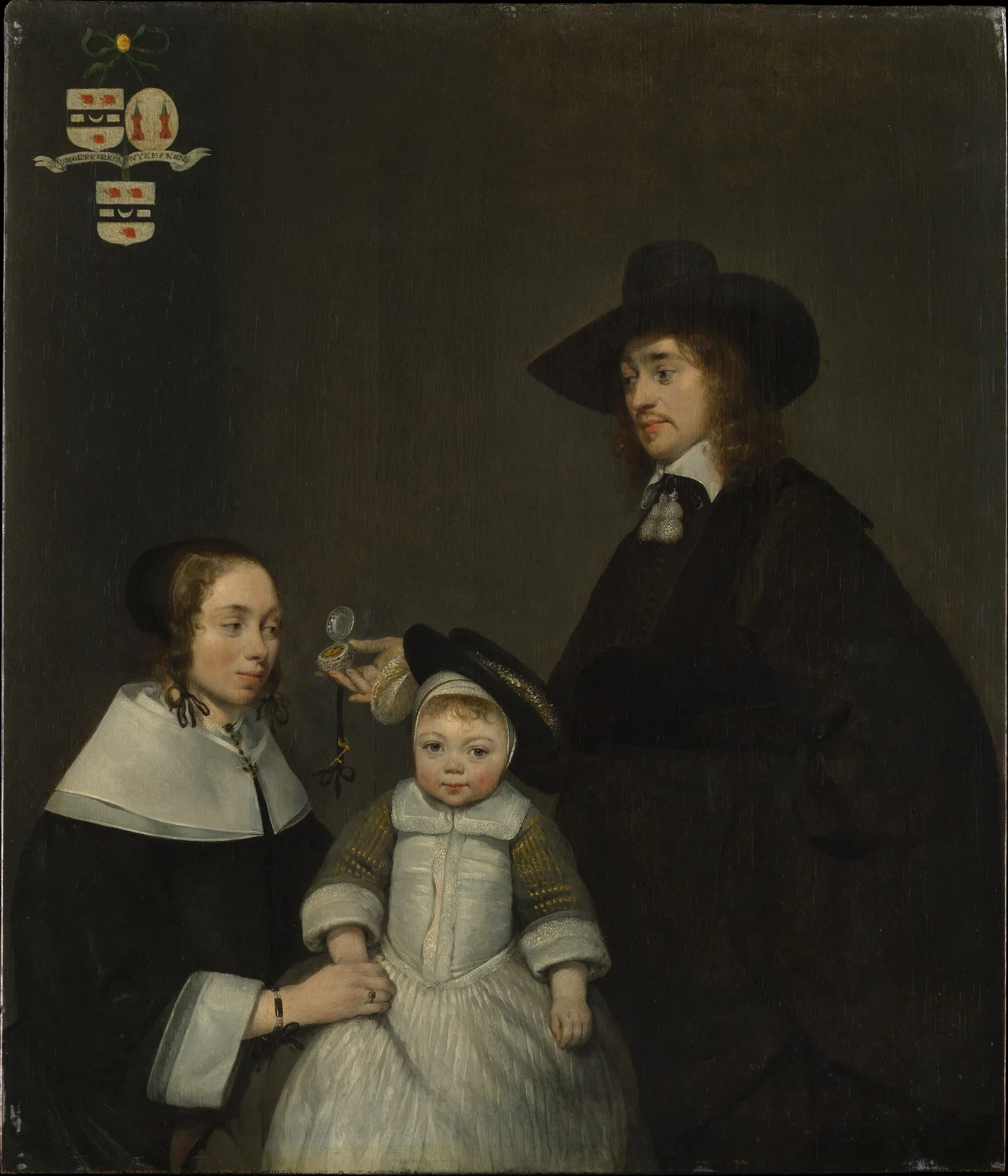 A seventeenth-century family portrait shows a mother and father in dark clothing standing with their young child