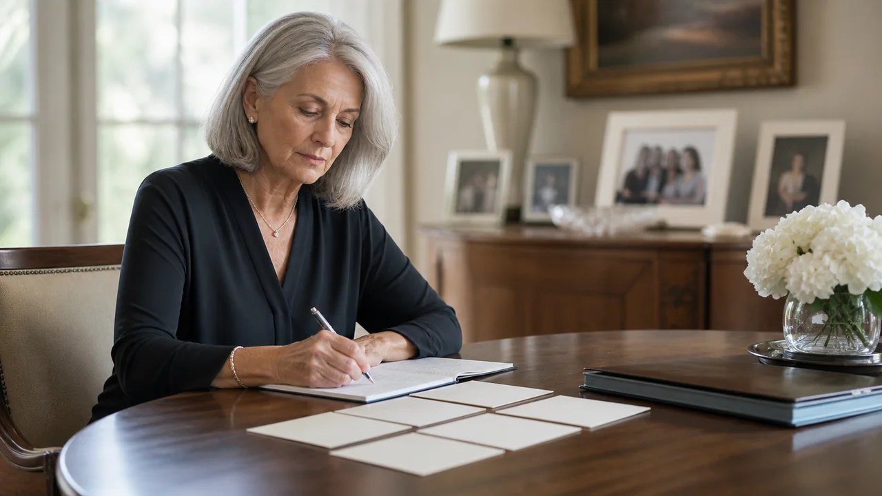 A mature widow records family requests beside a closed estate-inventory folder without distributing property.