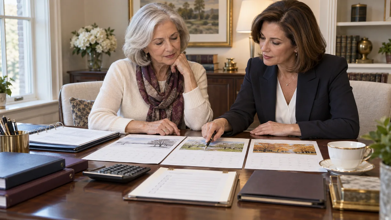A widow and tax adviser compare filing scenarios across three calendar years using prior returns and household records