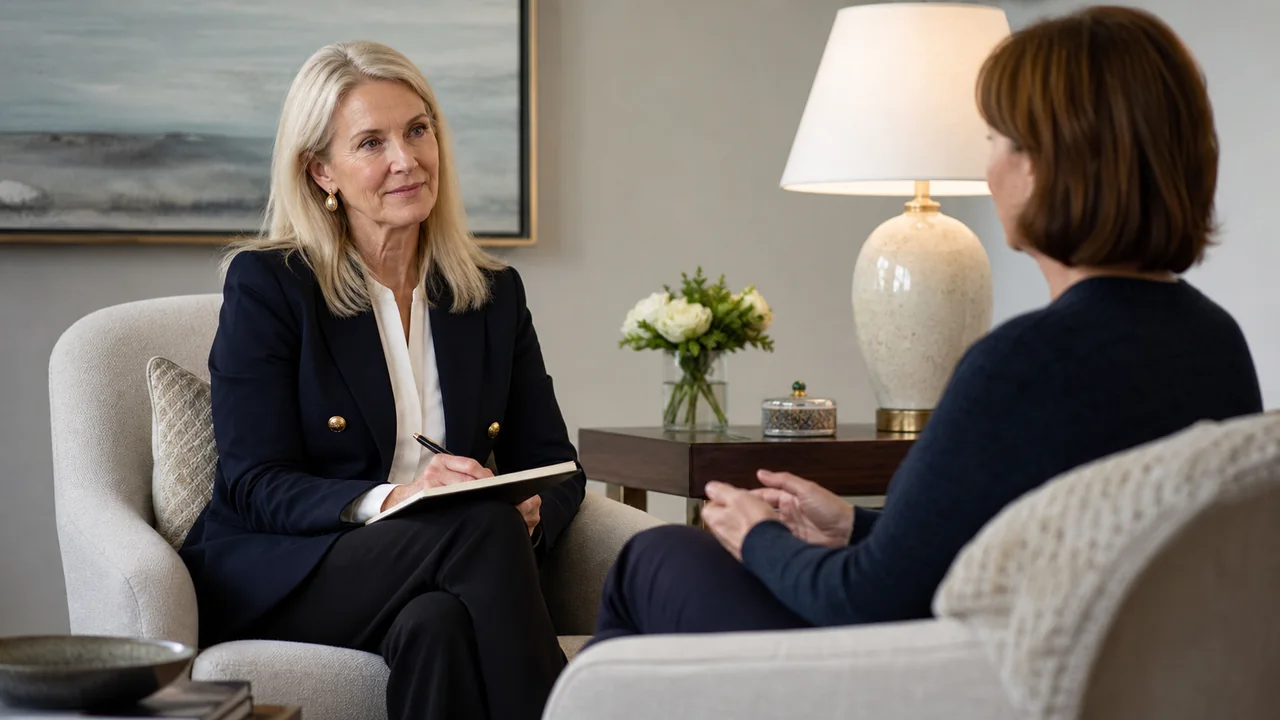 Widow interviewing a bereavement therapist in a calm private office