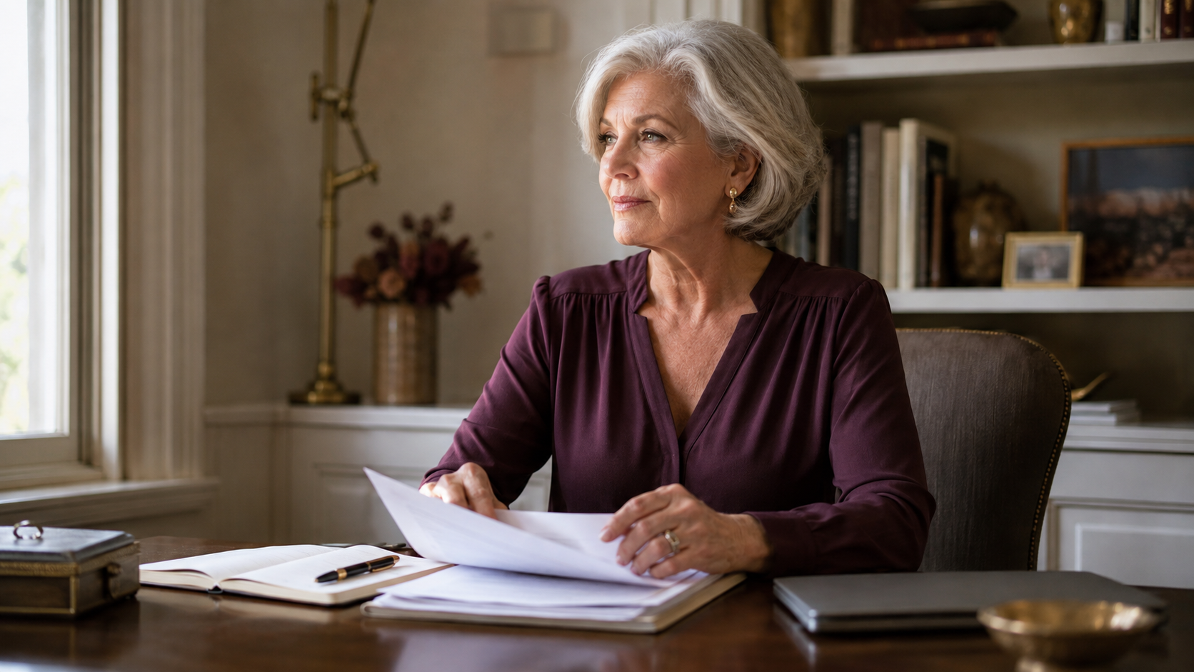 A composed older woman organizing papers and notes at her home desk