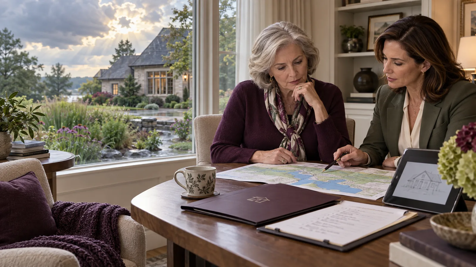A widow and insurance adviser review a flood-risk map and home policy at a table overlooking a rain garden.