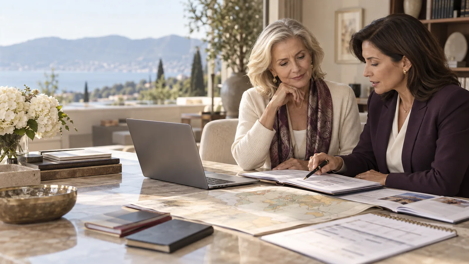 A widow and cross-border tax adviser reviewing a world map and organized foreign-account records in a sunlit office.