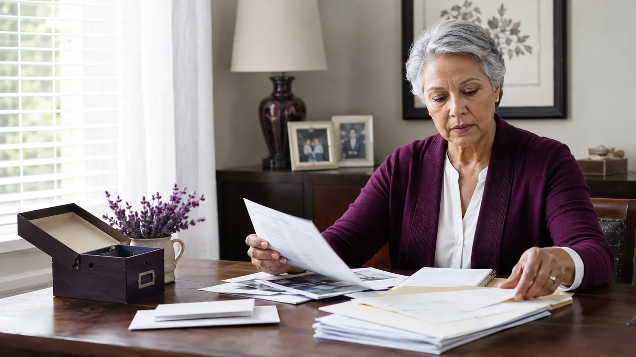 A mature widow prepares copied documents and sealed envelopes for deceased-credit notifications at home.