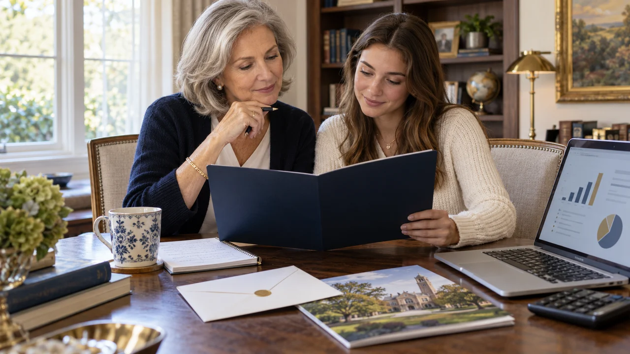 A grandmother and her college-age granddaughter review an education savings plan, tuition projections, and a campus brochure.