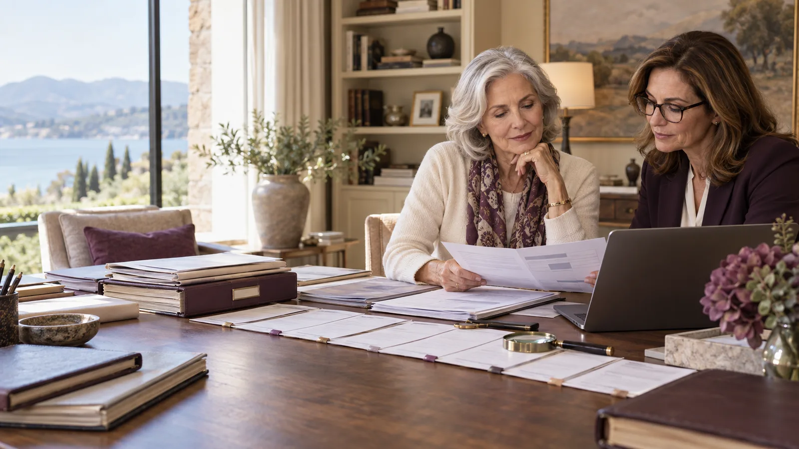 A widow and tax professional organizing archived folders and reconciling tax records beside a secure laptop.