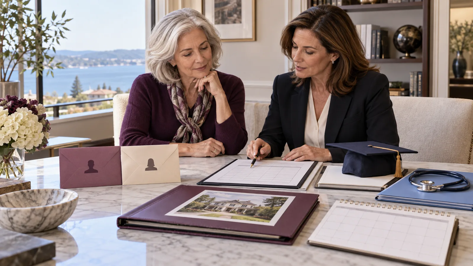 A widow and tax attorney comparing family gift, property appraisal, tuition, and medical-payment options