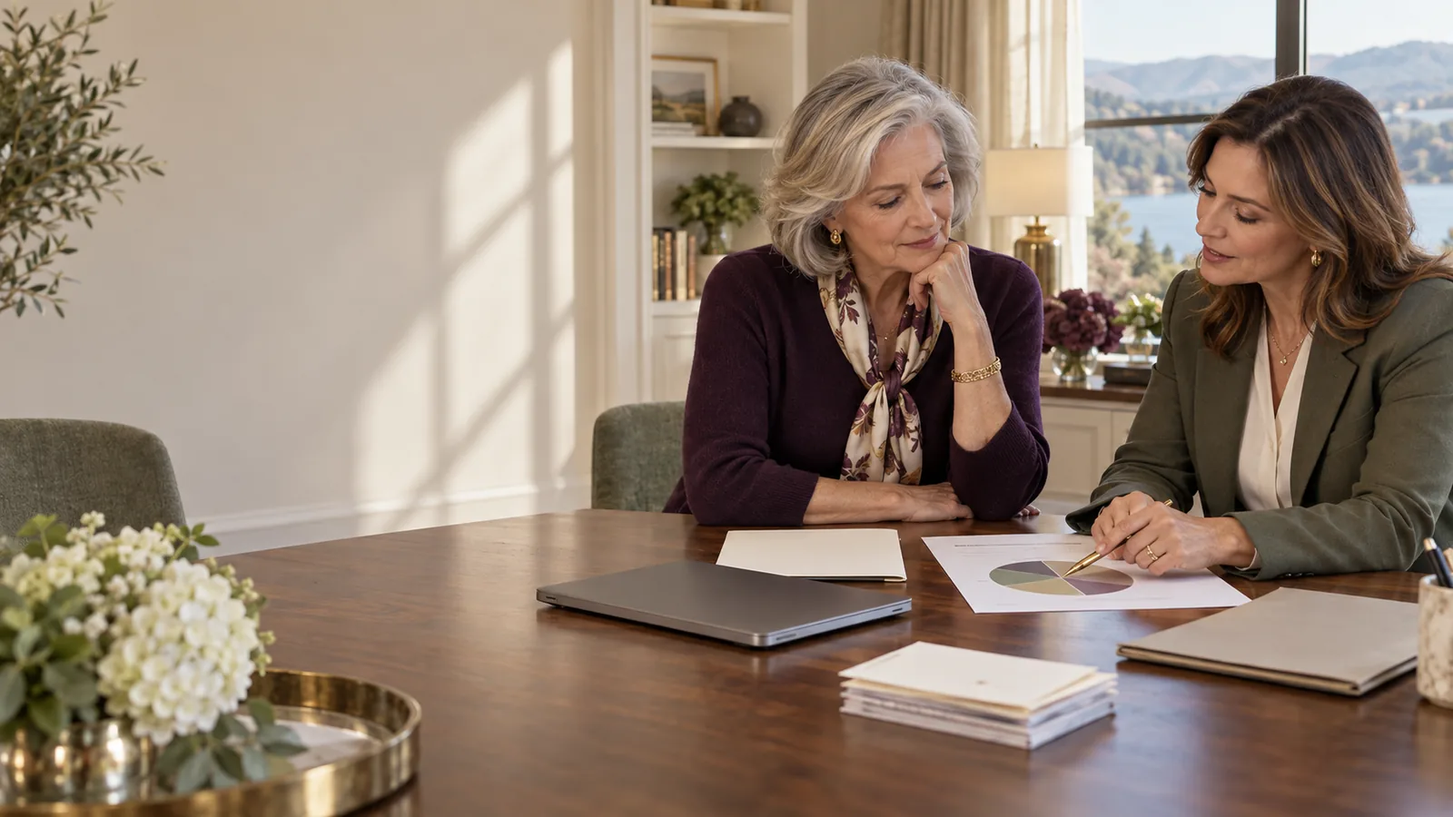 A mature widow and philanthropic adviser review a blank charitable allocation chart in an elegant home office