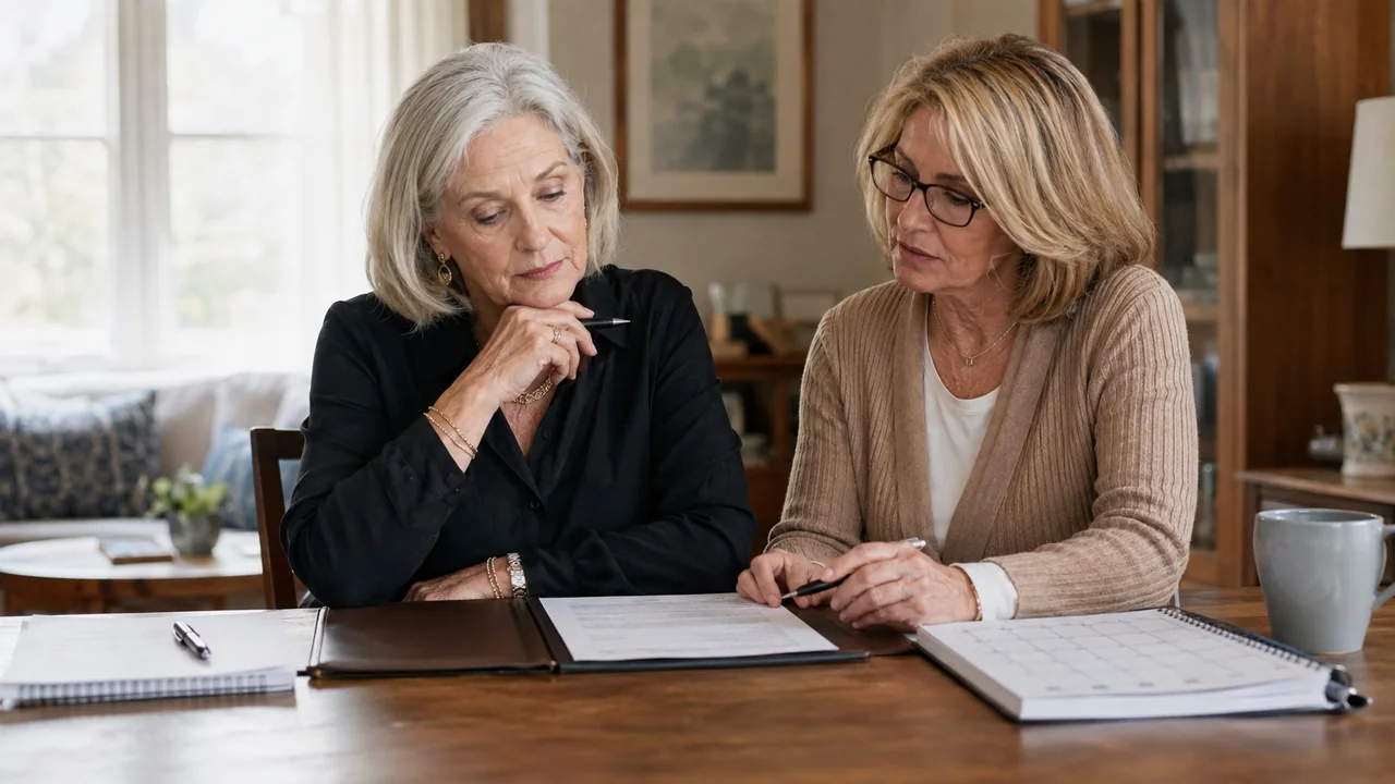 Widow pausing over an important document while a trusted companion reviews notes