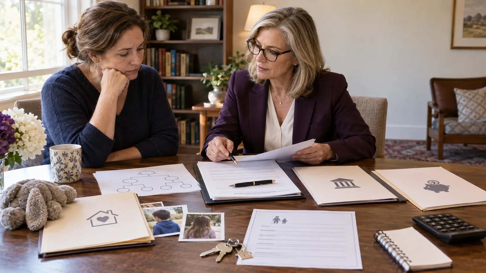 A widowed mother and estate attorney reviewing a will, family contact map, school form, house keys, and separate care and money folders