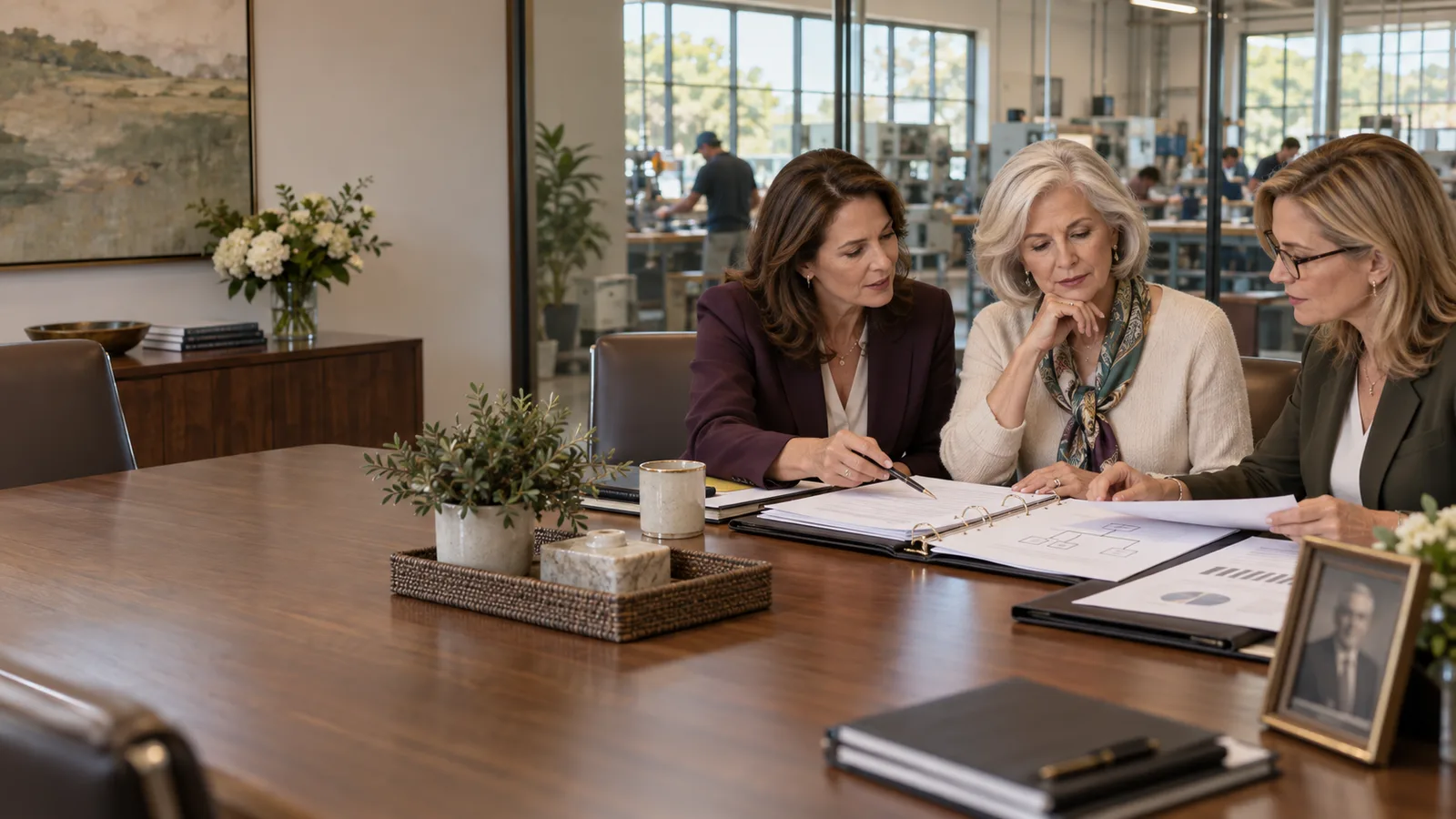 A mature widow reviewing a family business ownership file with an estate attorney and valuation professional.