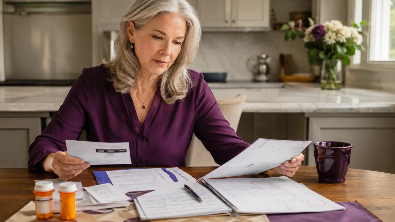 A mature widow compares health coverage papers, prescriptions, and enrollment deadlines at her kitchen table.