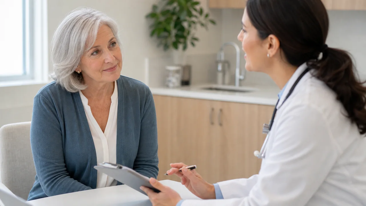 Widow reviewing a preventive health checklist with her primary-care physician