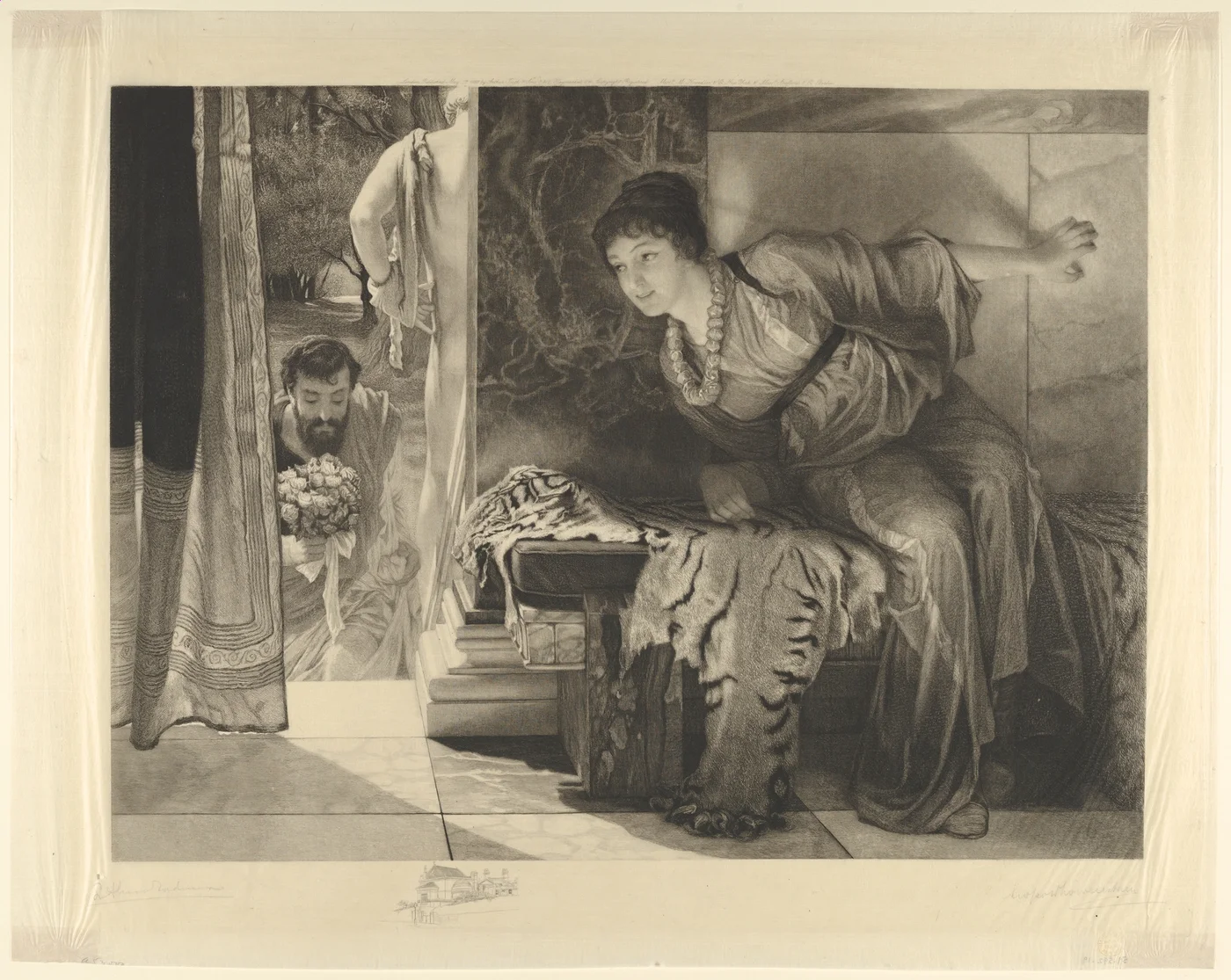 A woman in a sunlit classical interior pauses at a doorway as if listening for approaching footsteps