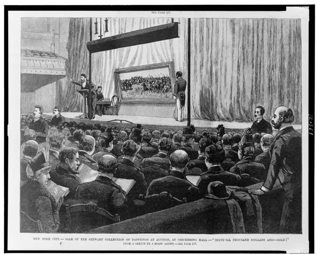 An 1887 illustration shows an auctioneer selling a painting before a crowded New York audience