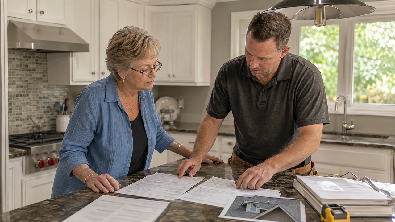 A homeowner reviewing multiple written estimates and contract documents with a contractor at her kitchen island