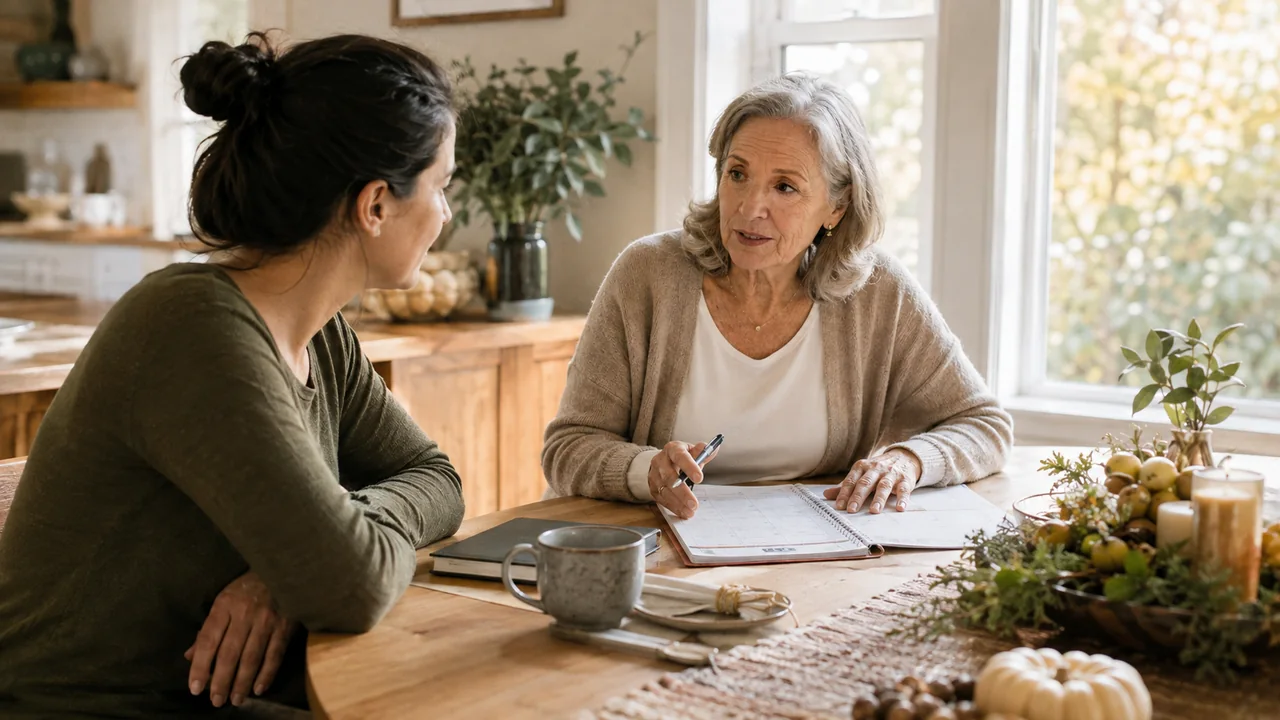 A woman and family member calmly plan a smaller holiday gathering around a shared calendar