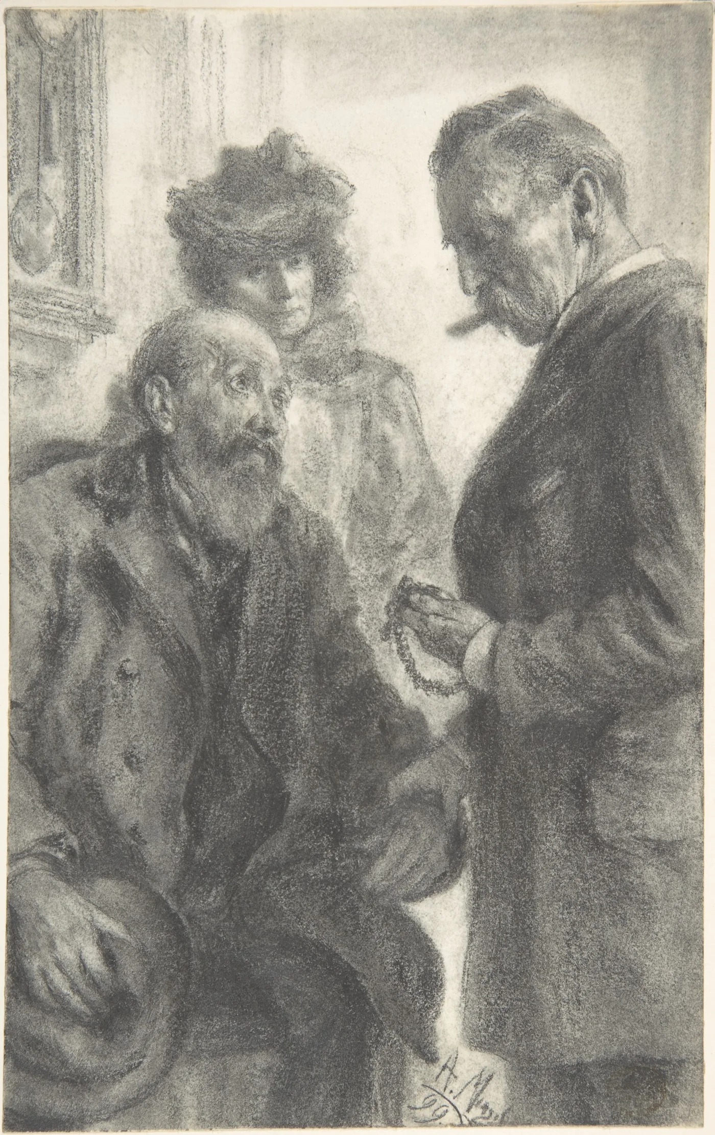 A physician leans toward a seated patient during a close conversation while another caregiver stands nearby