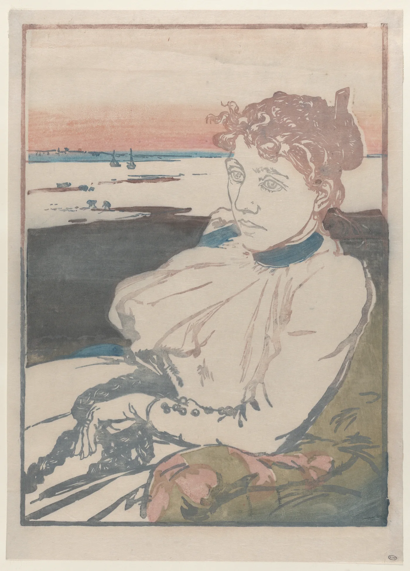 A convalescent woman reclines beside a quiet shoreline, resting her head on one hand as small boats pass in the distance