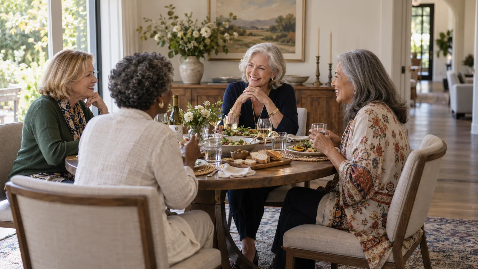 An older woman hosts three friends for a relaxed lunch around a round table in her bright dining room.
