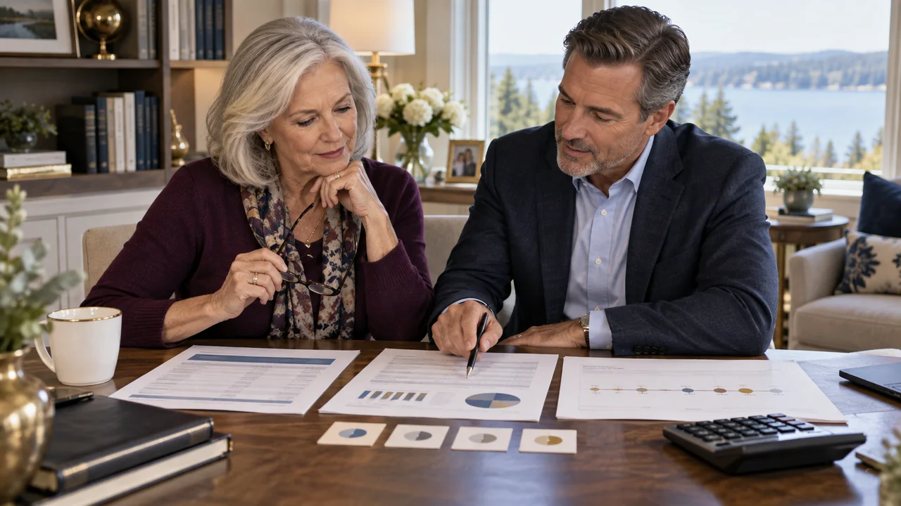 A widow and tax planner compare Social Security benefits with pension, investment, and retirement-distribution worksheets