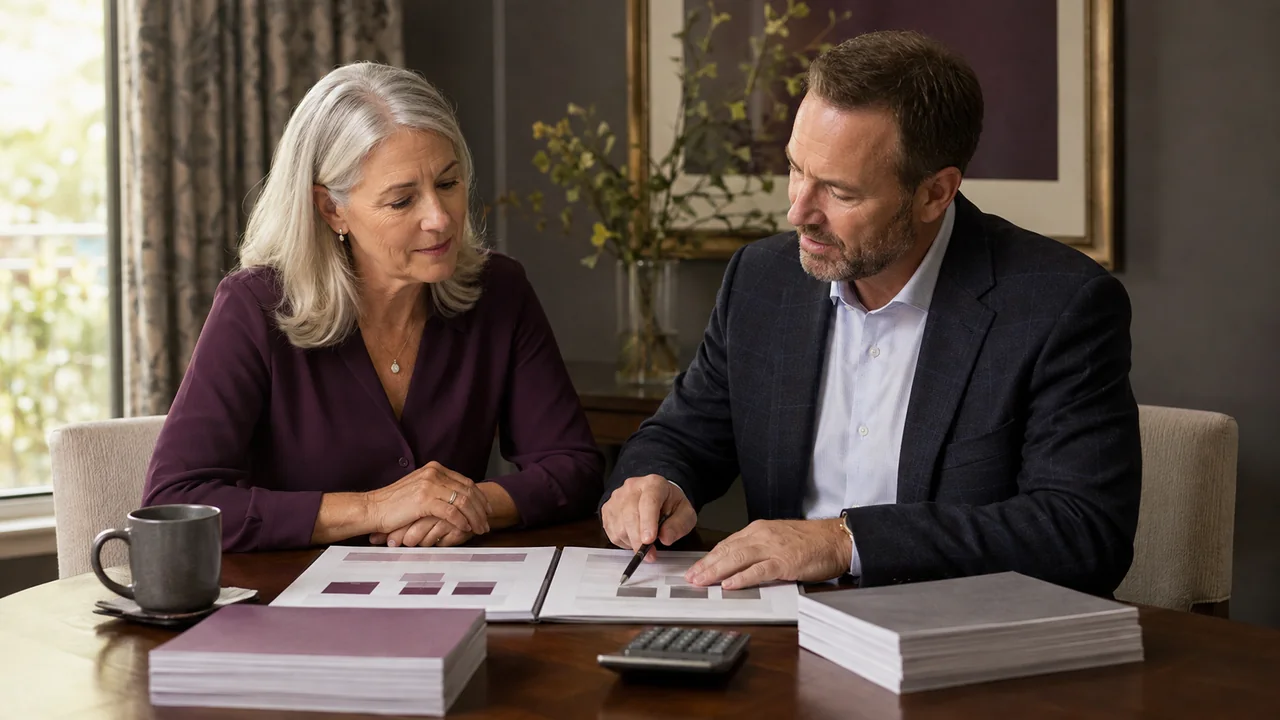 A widow compares two fee-disclosure packets while an adviser explains their differences.