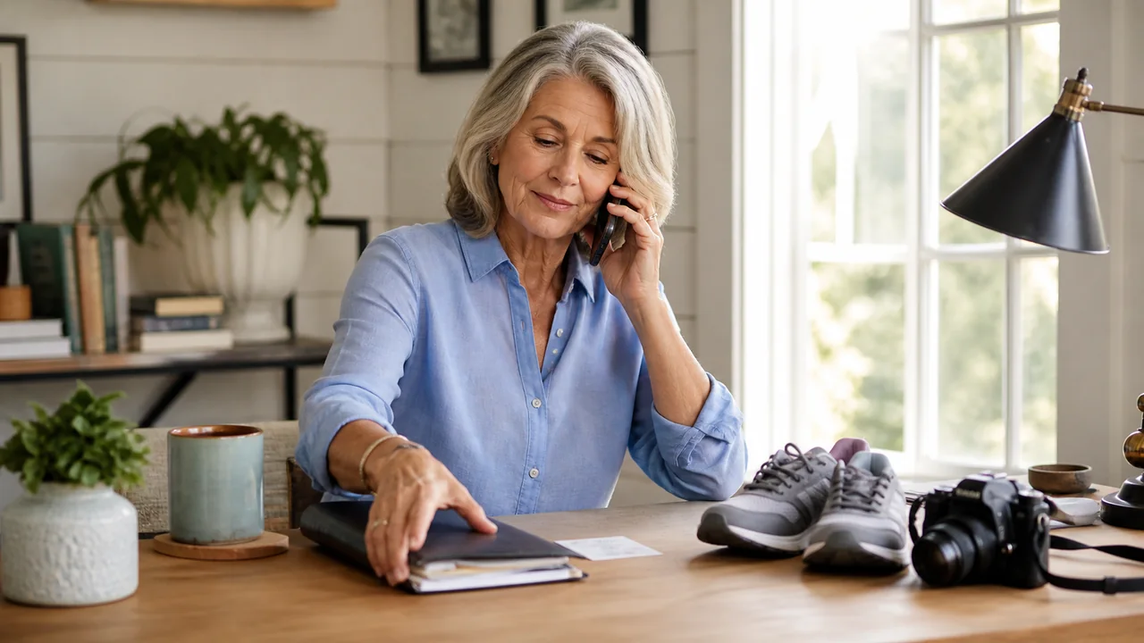 A former caregiver closes her care notebook and calls a friend beside walking shoes and a camera
