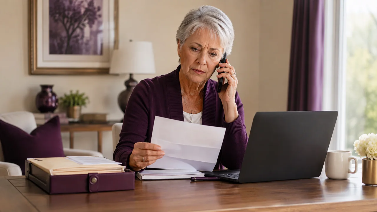 A mature widow verifies an unfamiliar account notice by telephone while maintaining a written incident log.