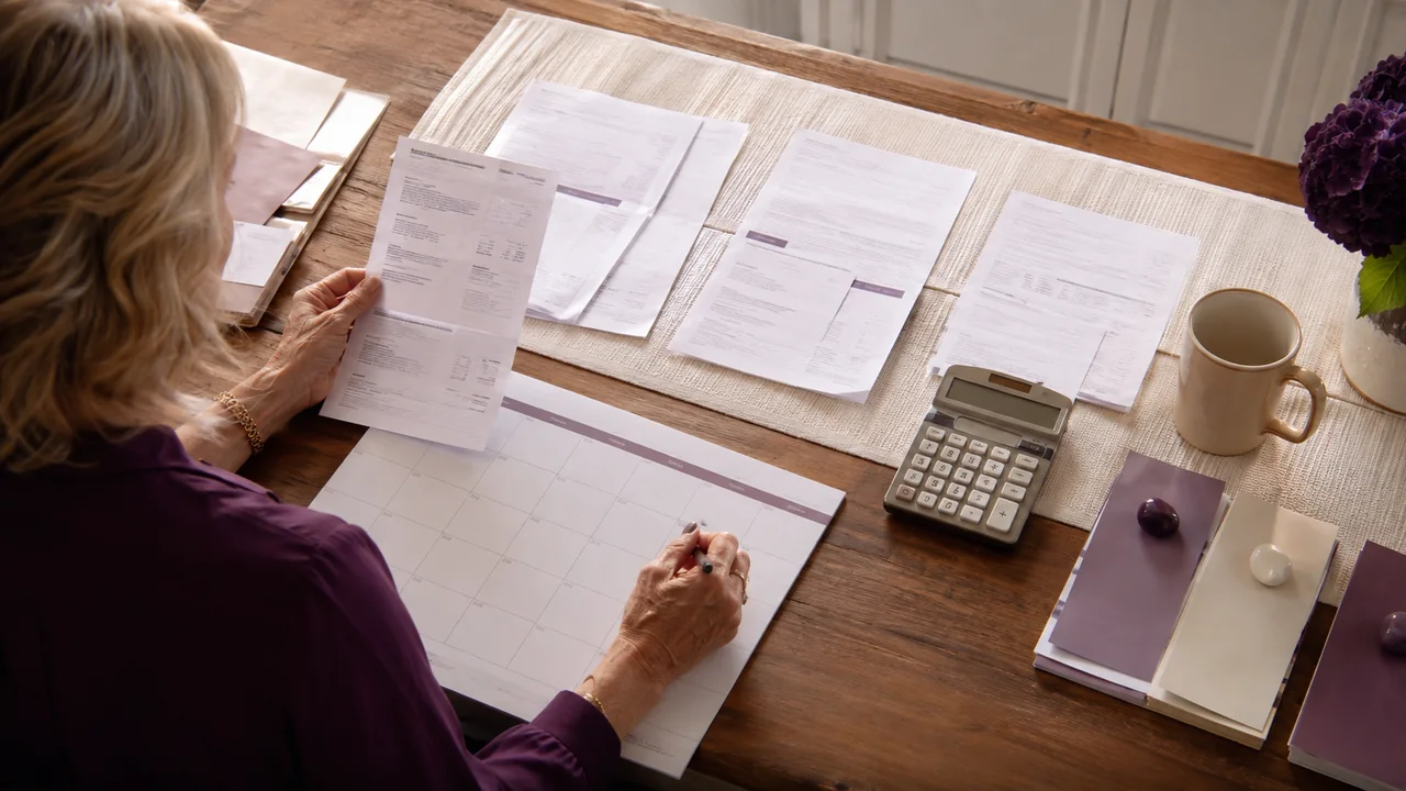 A mature woman sorts household bills beside a blank calendar and calculator to plan ninety days of cash flow.
