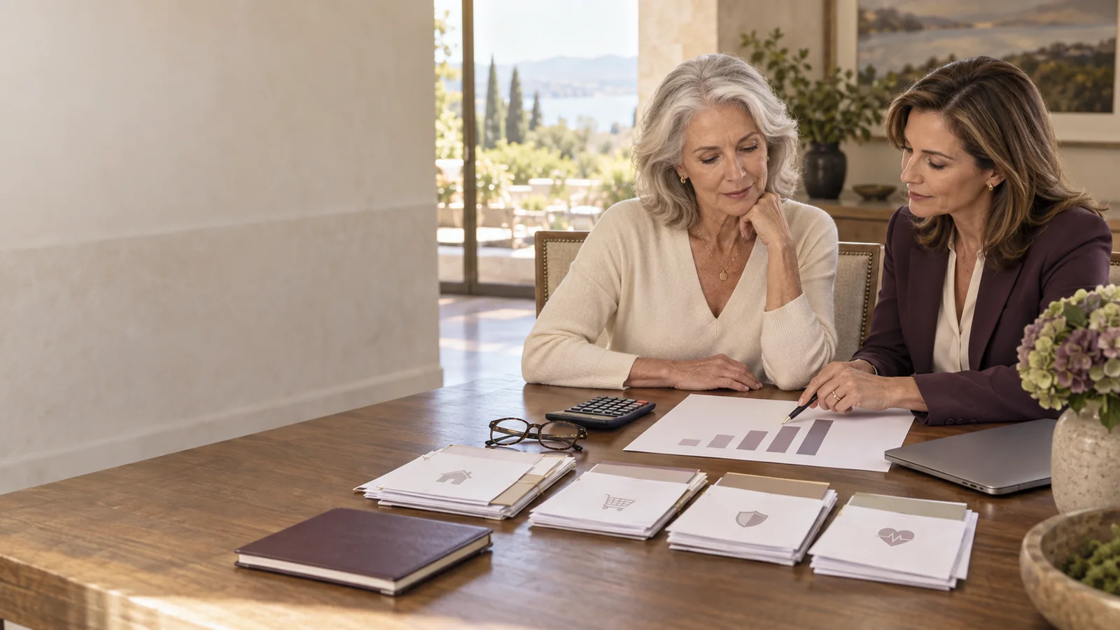 A widow and financial planner review household expense categories and a simple rising-cost chart at a home dining table.
