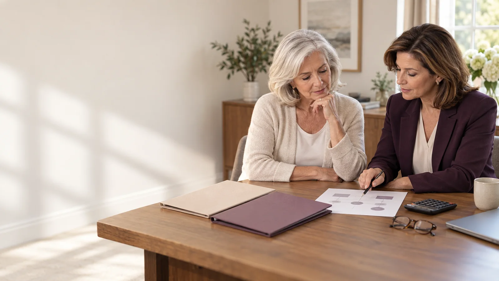 A widow and retirement adviser compare account pathways beside organized folders and a calculator.