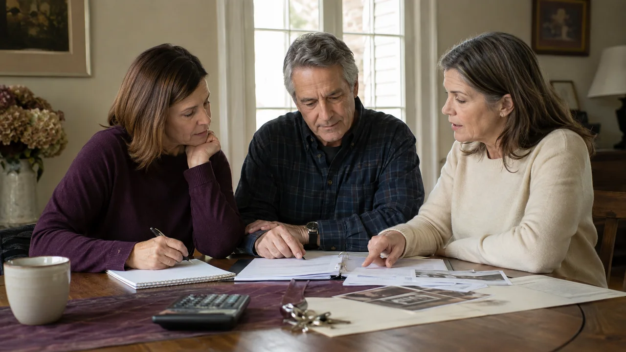 Three adult siblings review property papers, expenses, photographs, and house keys together at a dining table