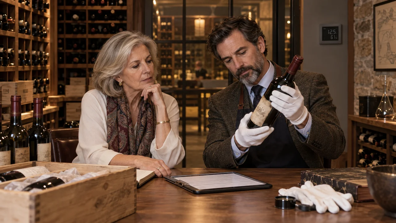 A widow and a wine appraiser inspect an inherited bottle beside an inventory sheet, original wooden cases, and a cellar temperature monitor.