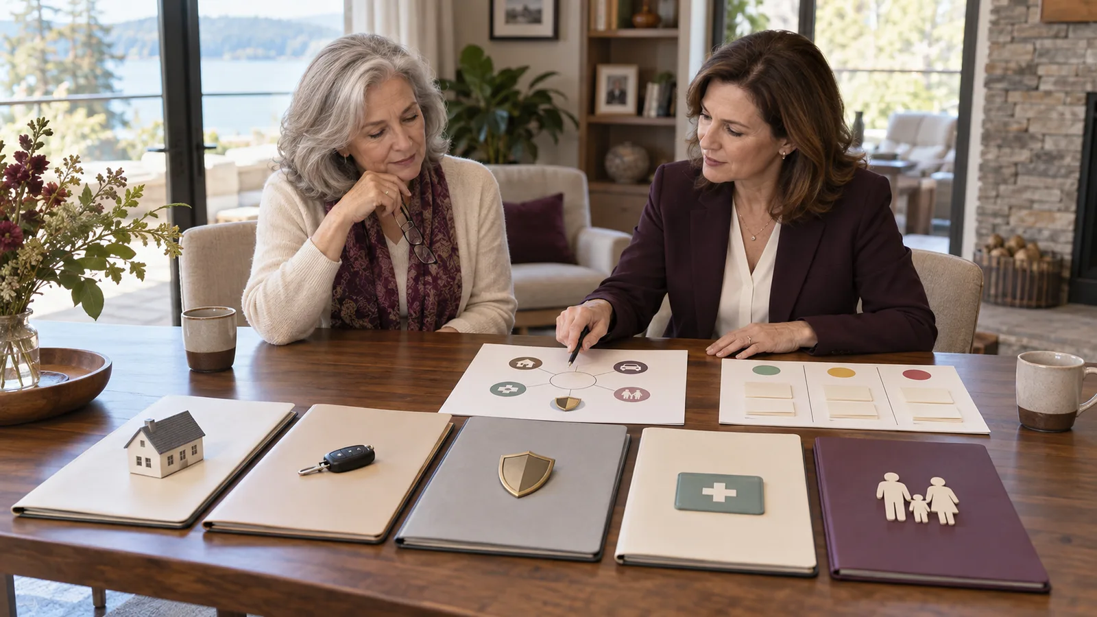 A widow and independent adviser sorting home, auto, umbrella, health, and life insurance into keep, change, and cancel groups