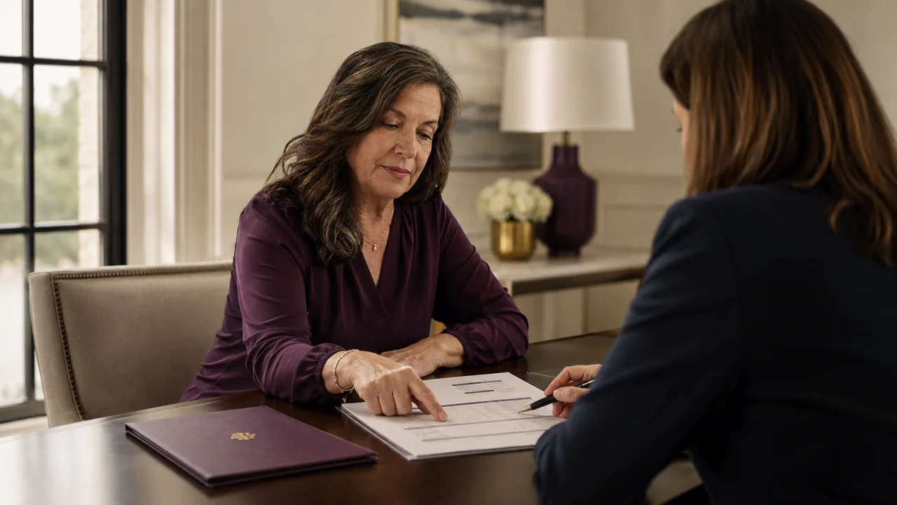 A mature woman asks a bank representative to verify the ownership line on a joint account statement.