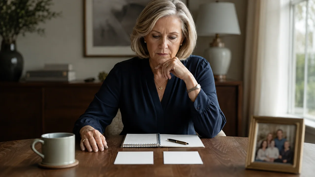 A mature widow compares two options beside a decision notebook and a softly focused family photograph.