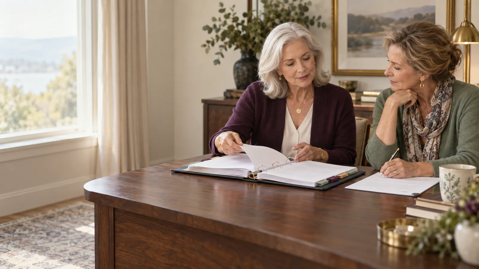 A mature widow reviews an organized continuity binder with one trusted friend at a walnut table