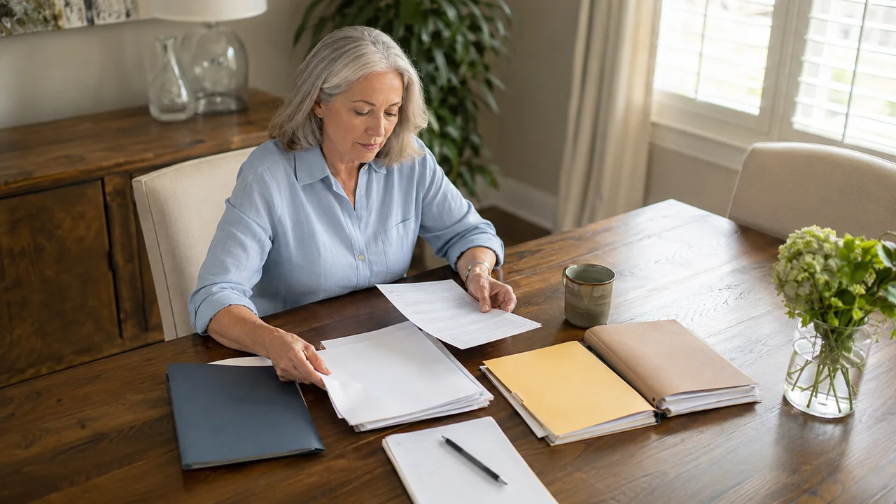 A mature woman organizes account, tax, insurance, goals, and questions folders for a professional-advice meeting.
